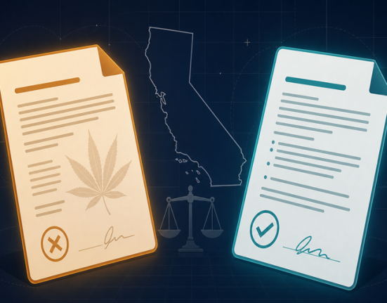 Two documents flank a map of California: one with a marijuana leaf and an X, the other with a checkmark. A scale of justice symbol is shown in the background.