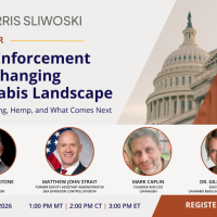 Webinar banner: “DEA Enforcement in a Changing Cannabis Landscape” with photos of four speakers, event date October 8, 2026, and times listed for multiple time zones.