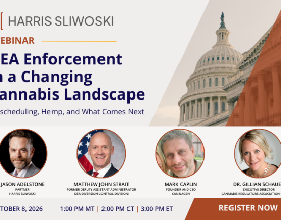 Webinar banner: “DEA Enforcement in a Changing Cannabis Landscape” with photos of four speakers, event date October 8, 2026, and times listed for multiple time zones.